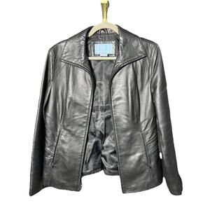 Vintage Nine West Black Soft 100% Leather outer Zip Up Jacket Size medium
